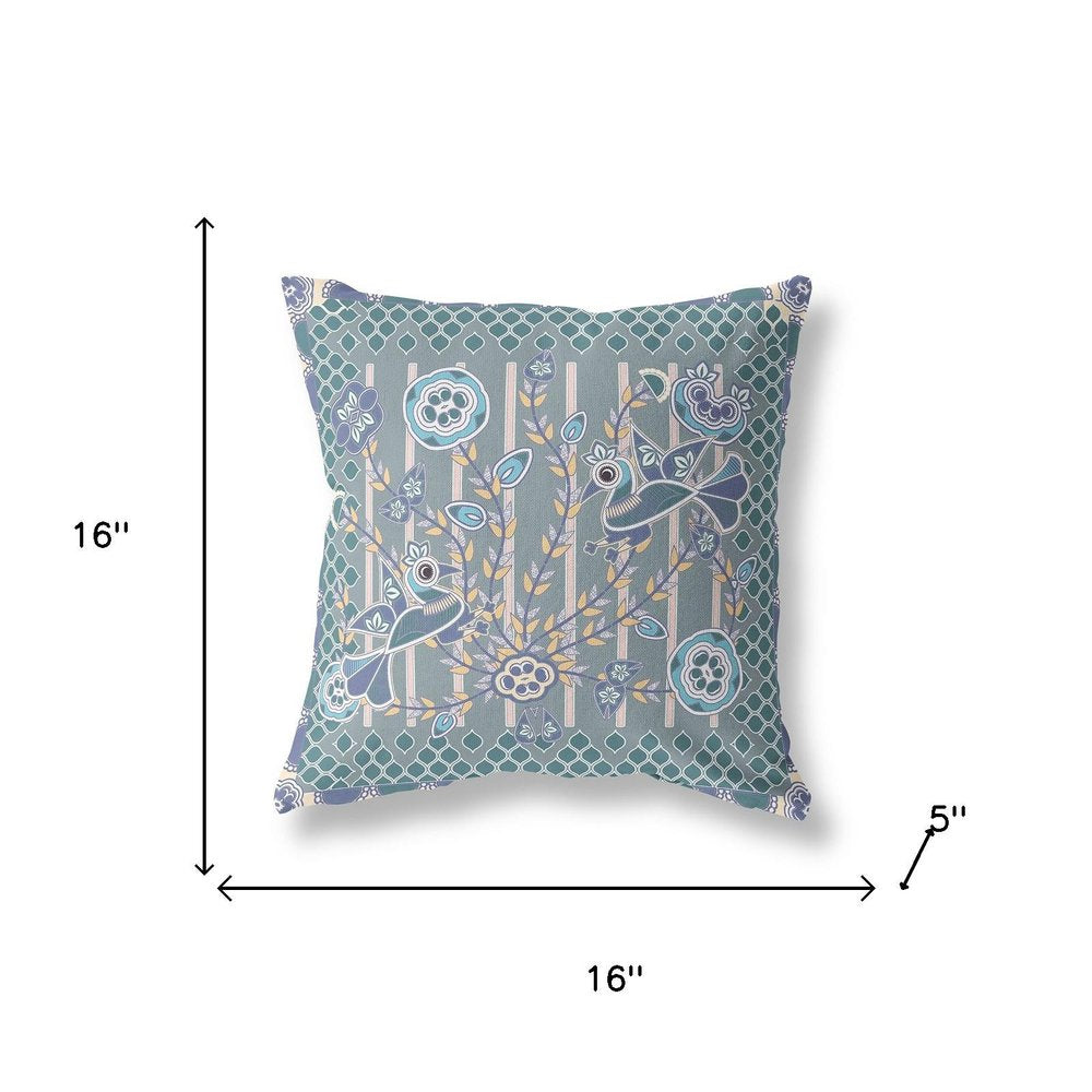 16" x 16" Blue and Gray Bird Blown Seam Floral Indoor Outdoor Throw Pillow