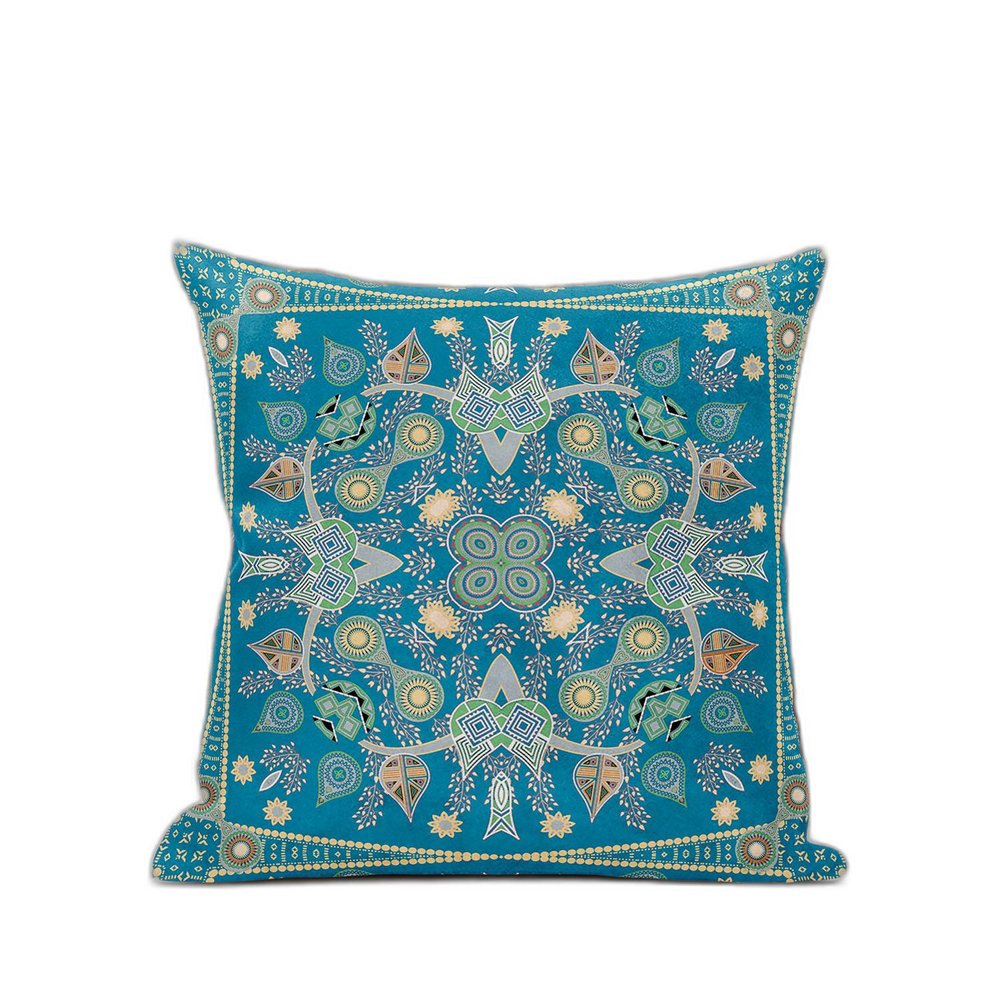 16" X 16" Aqua And Gold Blown Seam Floral Indoor Outdoor Throw Pillow