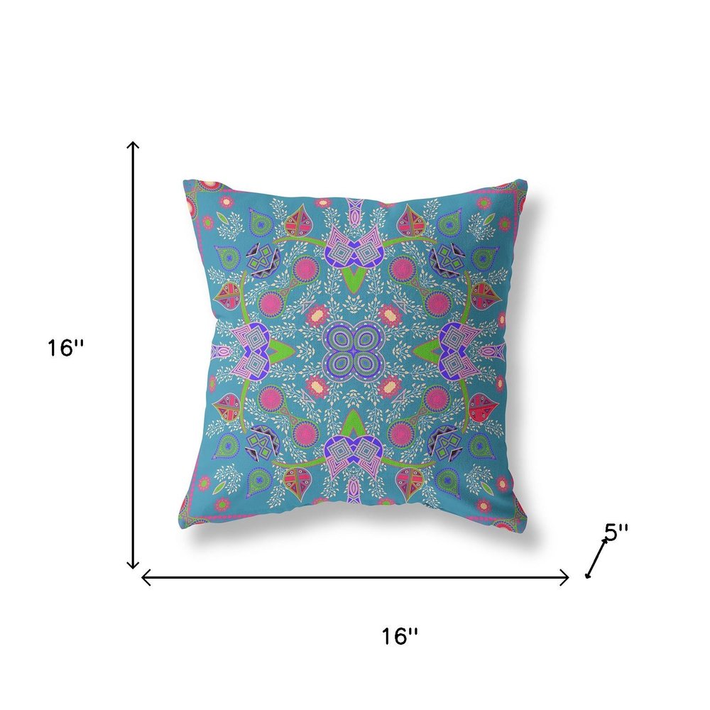 16" x 16" Blue and Green Blown Seam Paisley Indoor Outdoor Throw Pillow