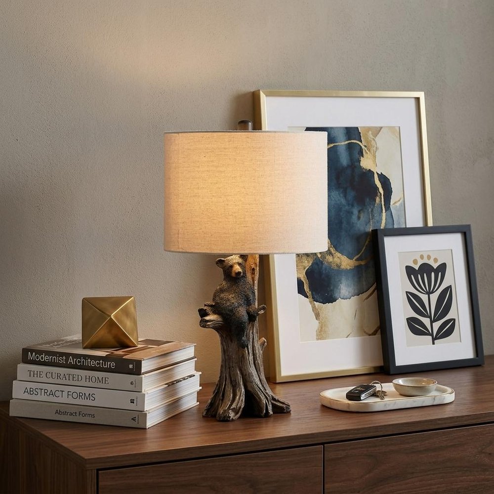 25" Black Bear in a Tree Table Lamp With Beige Shade