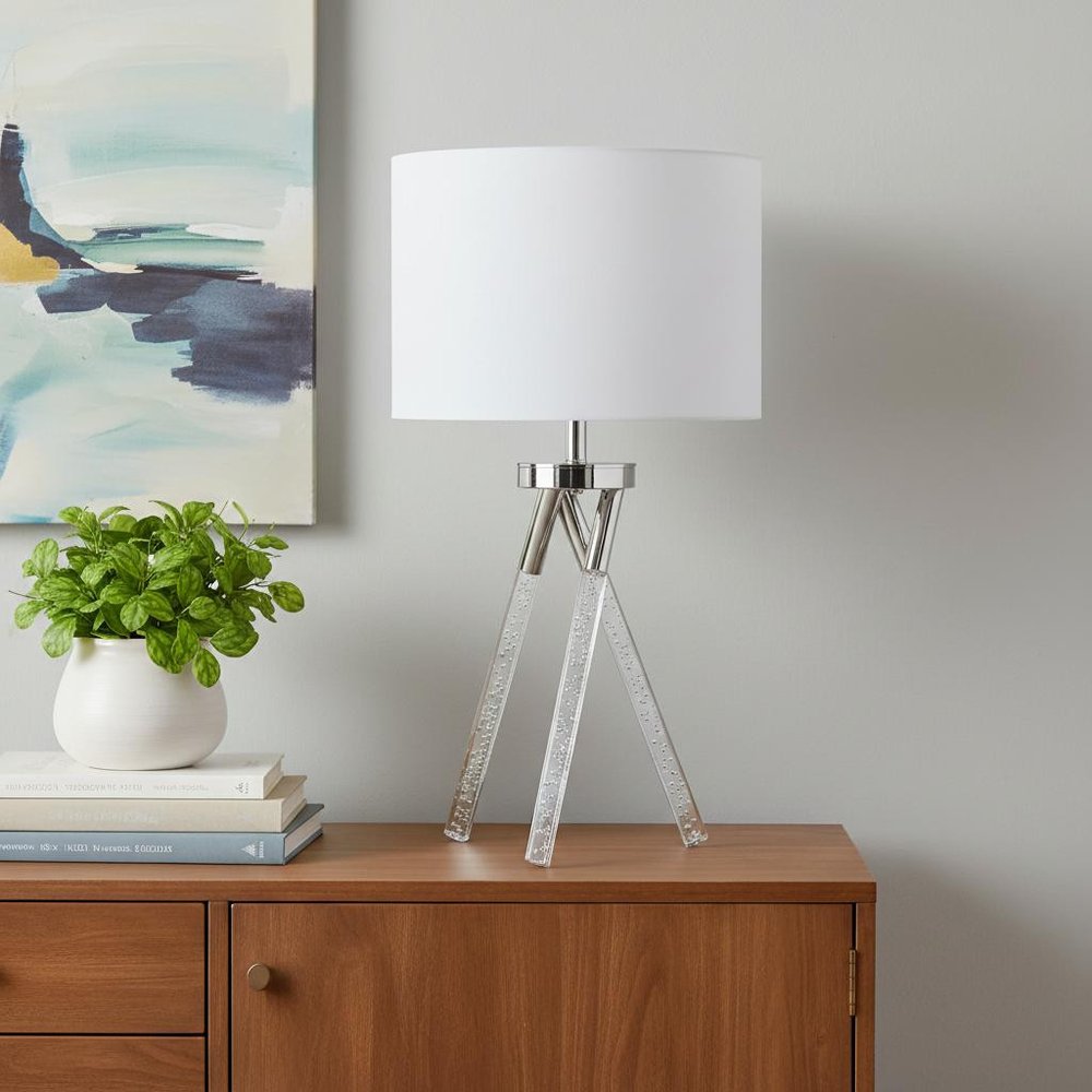 26" Silver and LED Acrylic Tripod Table Lamp With White Shade