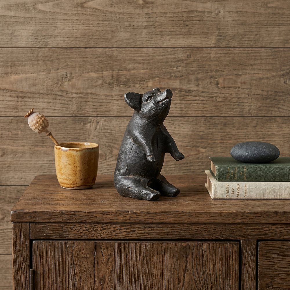 8" Black Metal Pig Hand Painted Figurine Tabletop Sculpture