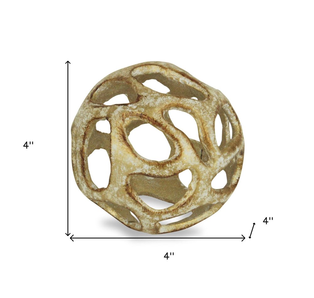 4" Gold Cast Iron Hand Painted Decorative Orb Tabletop Sculpture