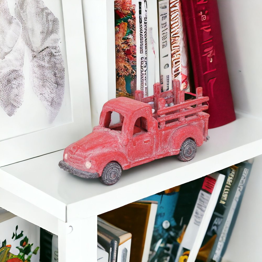 5" Red Metal Hand Painted Decorative Truck Tabletop Sculpture