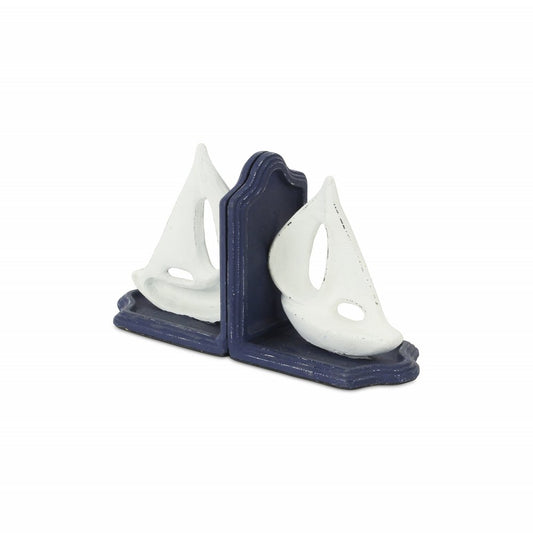 Set of Two 5" Blue And White Cast Iron Sailboat Decorative Bookends