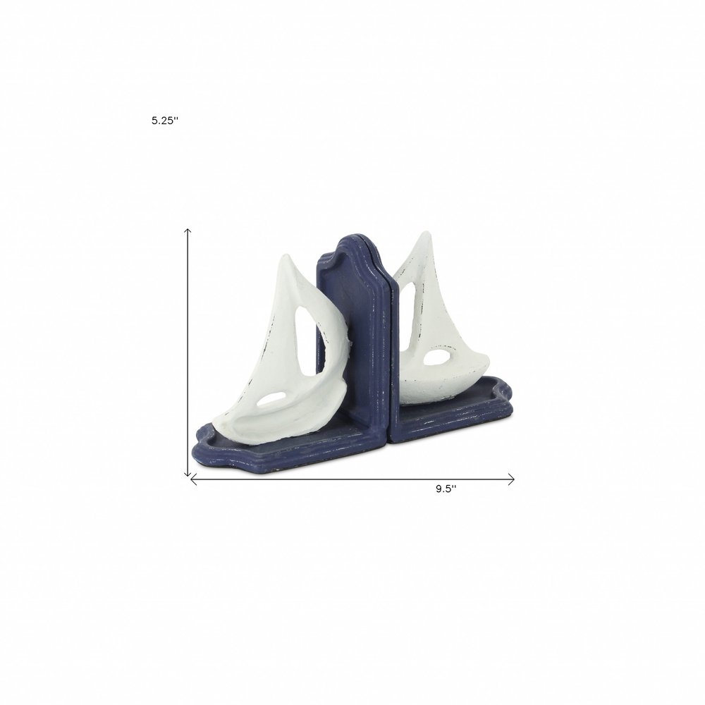 Set of Two 5" Blue And White Cast Iron Sailboat Decorative Bookends