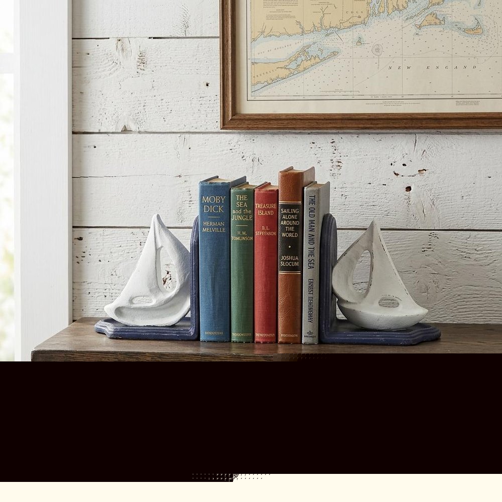 Set of Two 5" Blue And White Cast Iron Sailboat Decorative Bookends