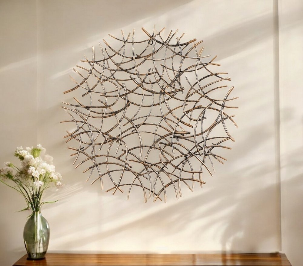33" X 33" Bronze Metal Abstract Lines Round Hanging Dimensional Sculpture