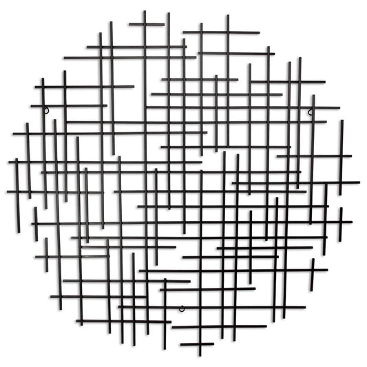 37" X 38" Black Metal Abstract Lines Round Hanging Dimensional Sculpture