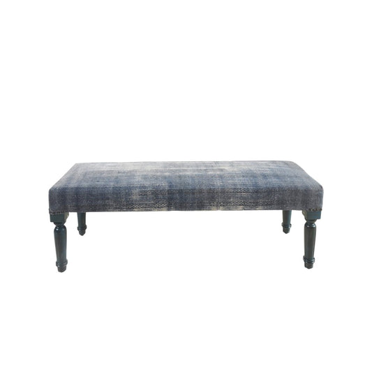 47" Blue And Cream Abstract Design Blue Leg Upholstered Bench