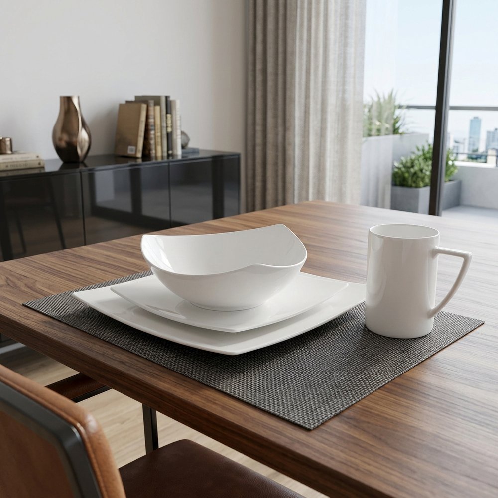 White Four Piece Square Bone China Dinnerware Set