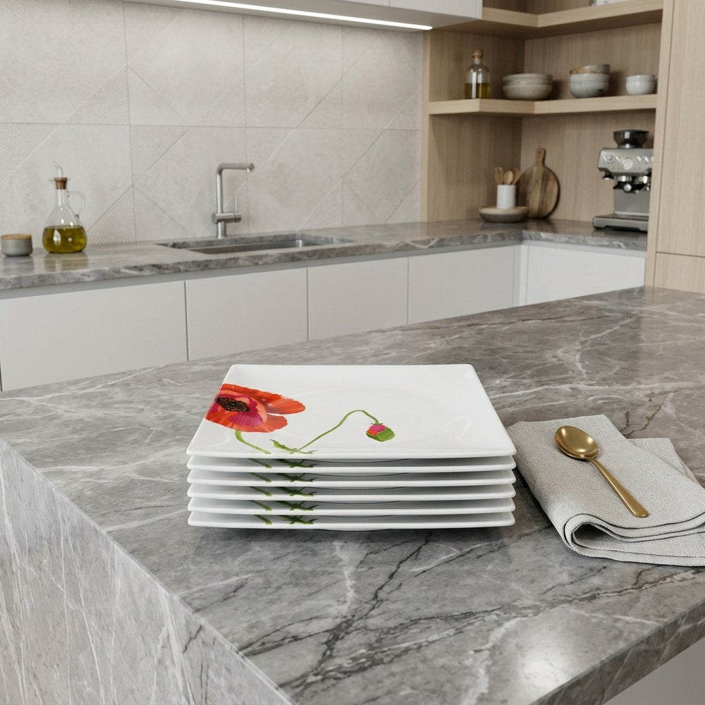 Red and White Six Piece Square Floral Bone China Service For Six Salad Plate Set