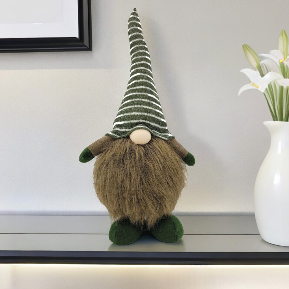 20" Green And Brown Fabric Standing Gnome Sculpture