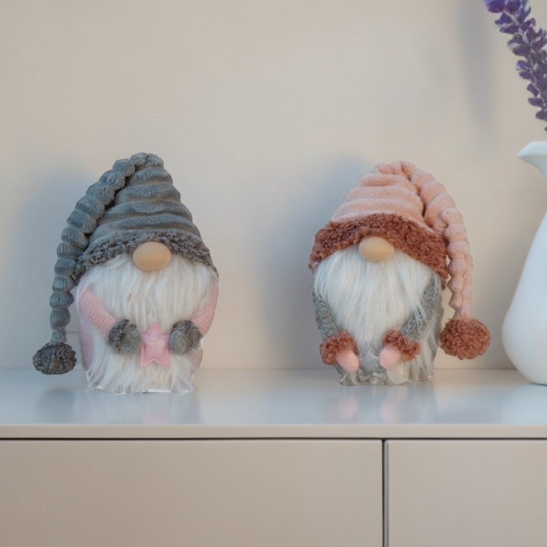 Set Of Two 11" Grey And Pink Fabric Christmas Gnome