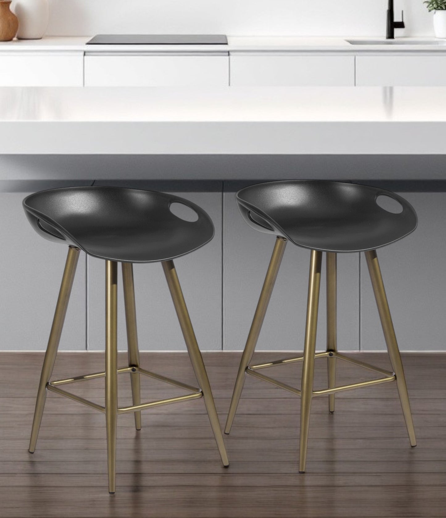 Set of Two 24" Black And Bronze Steel Backless Counter Height Bar Chairs