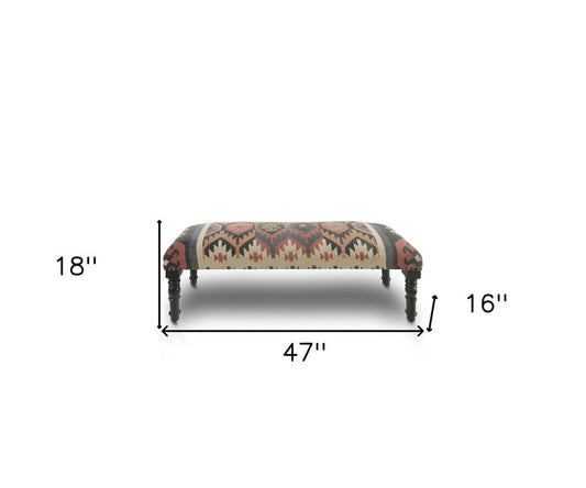 47" Beige Brown Rust And Black Southwest Jute Wool And Solid Wood Upholstered Distressed Bench