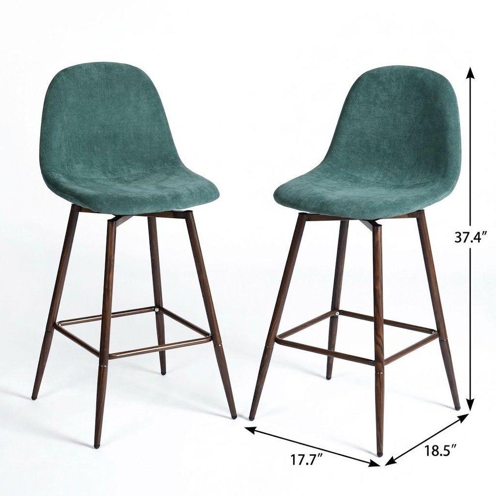 Set of Two 26" Green And Brown Velvet And Steel Counter Height Bar Chairs