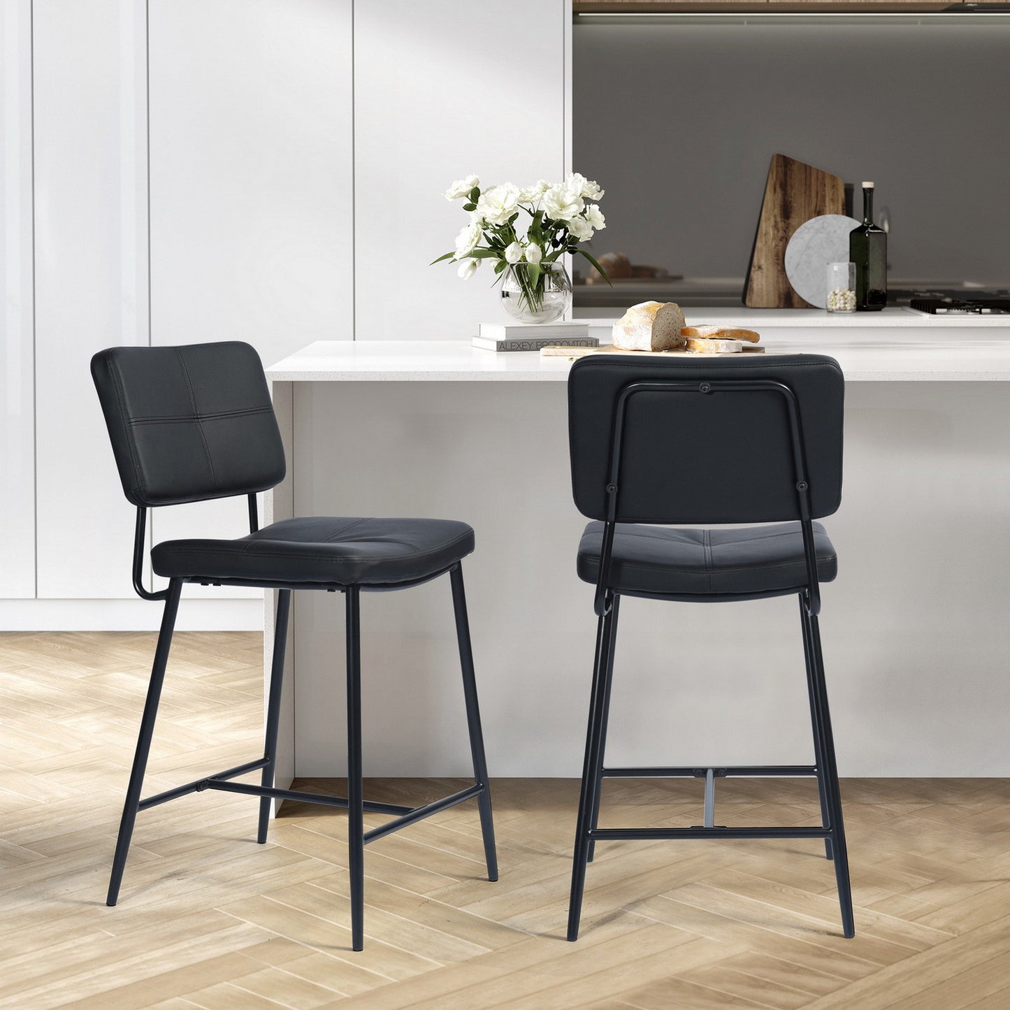 Set Of Two 36" Black Faux Leather Low Back Counter Height Bar Chairs