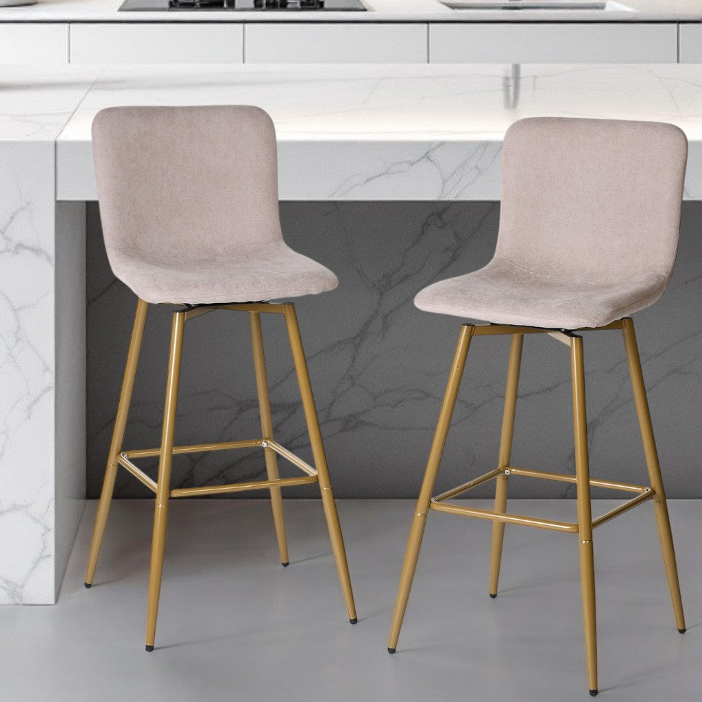Set of Two 30" Light Taupe and Gold Fabric and Steel Bar Height Swivel Bar Chairs