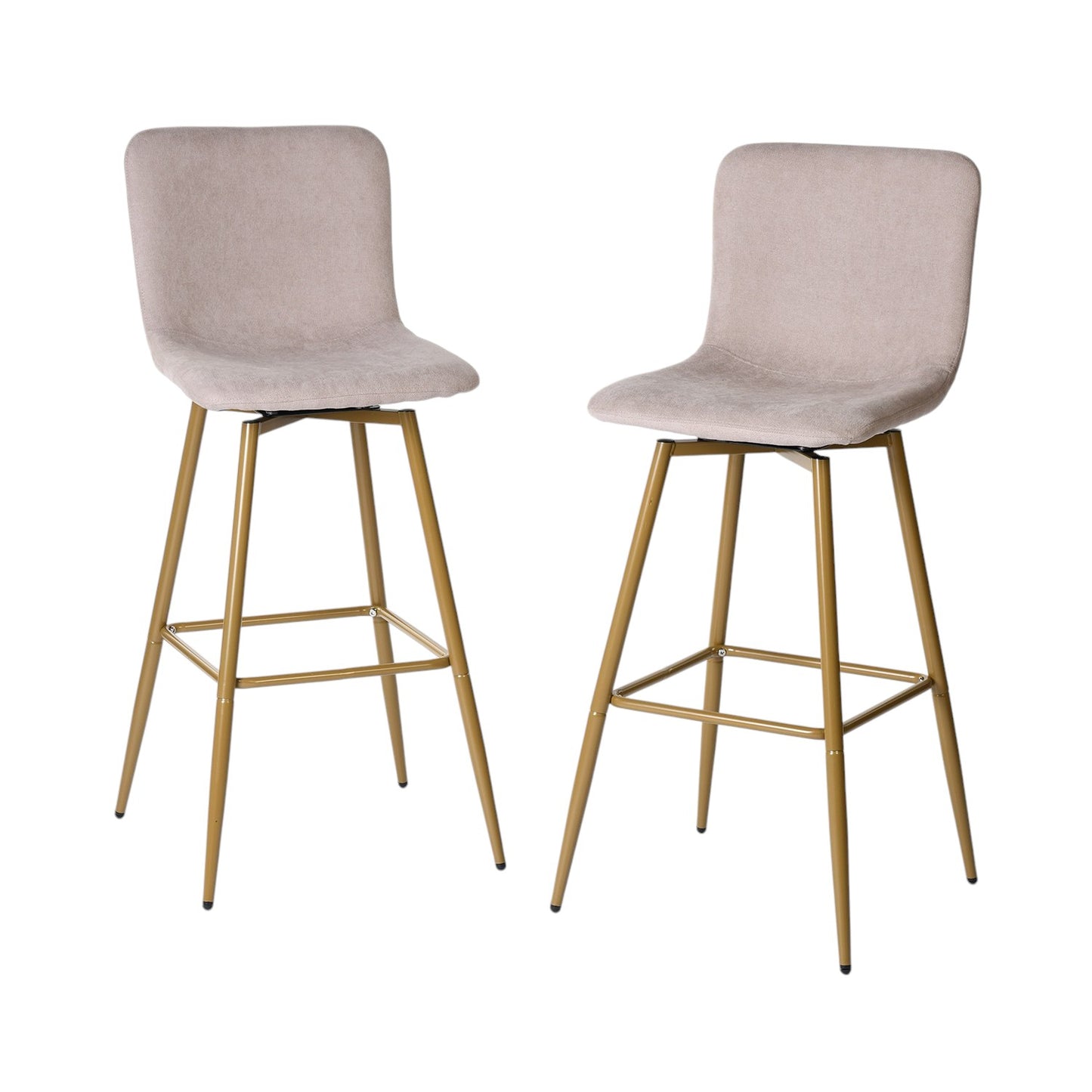 Set of Two 30" Light Taupe and Gold Fabric and Steel Bar Height Swivel Bar Chairs