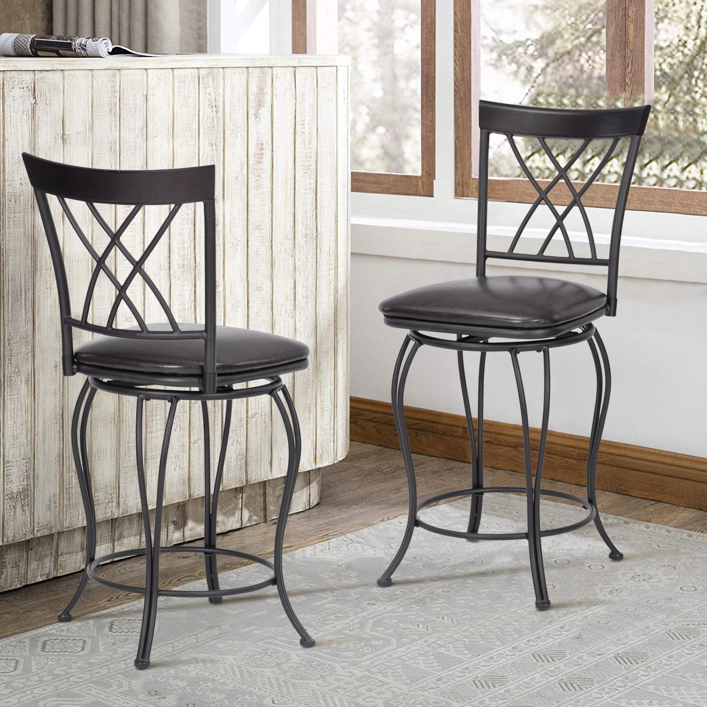 Set of Two 24" Black Manufactured Wood and Steel Counter Height Swivel Bar Chairs