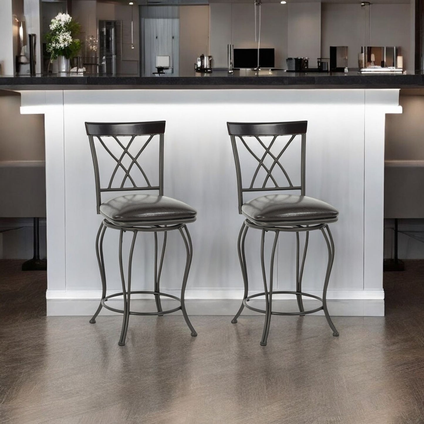 Set of Two 24" Black Manufactured Wood and Steel Counter Height Swivel Bar Chairs