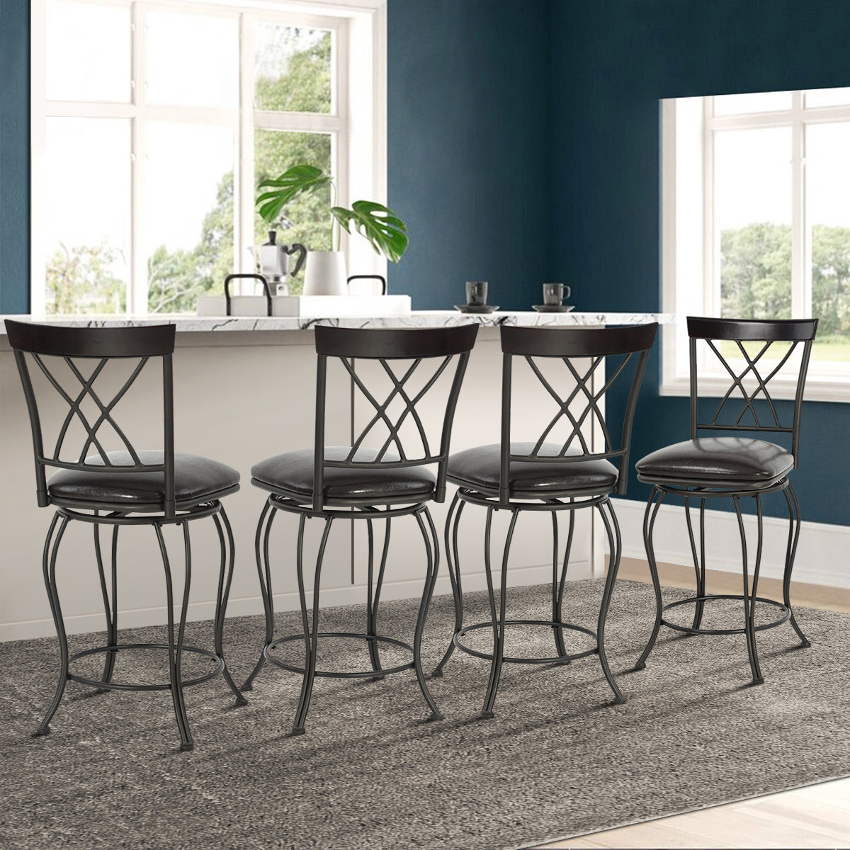 Set of Two 24" Black Manufactured Wood and Steel Counter Height Swivel Bar Chairs