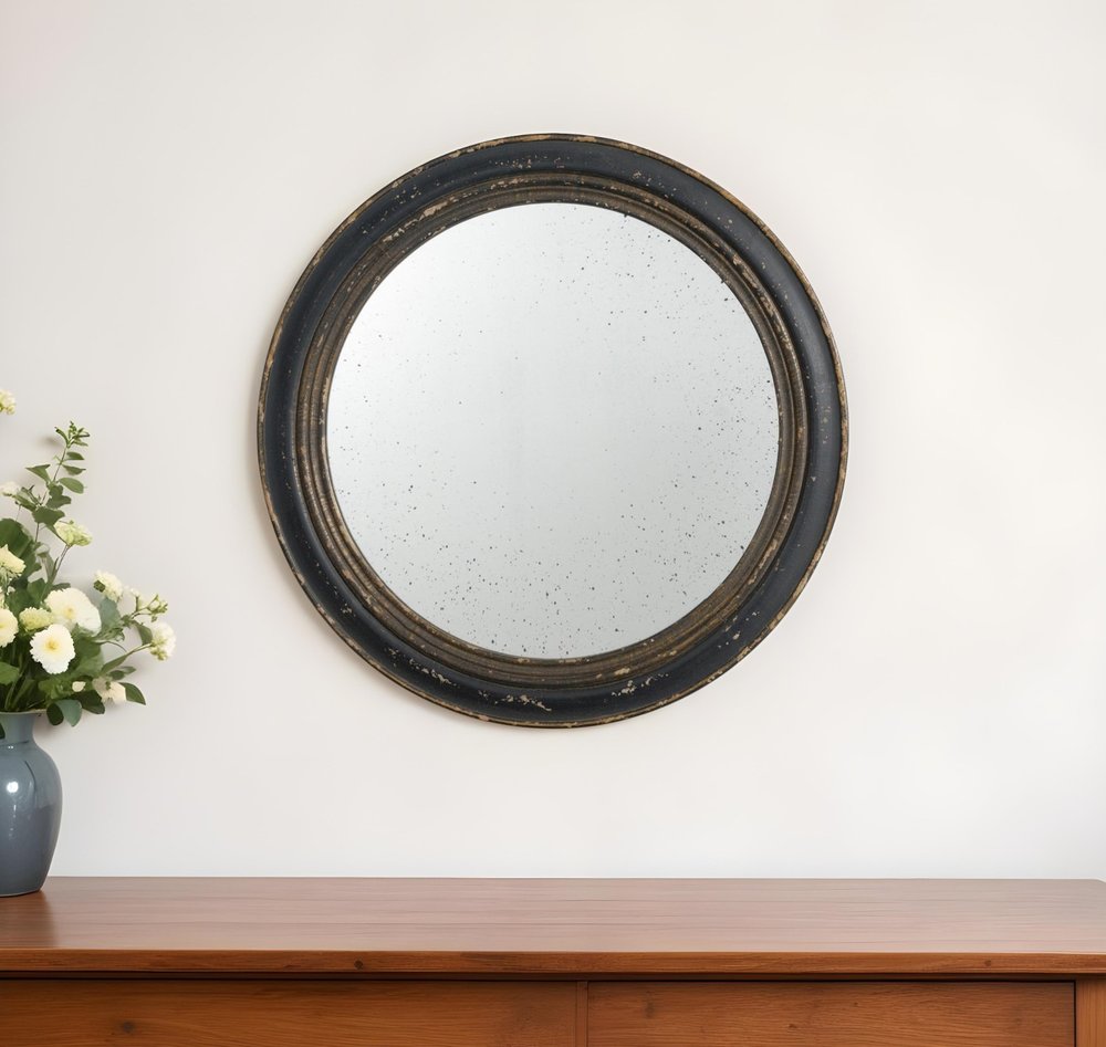 24" Dark Brown Distressed Wood Round Framed Accent Mirror