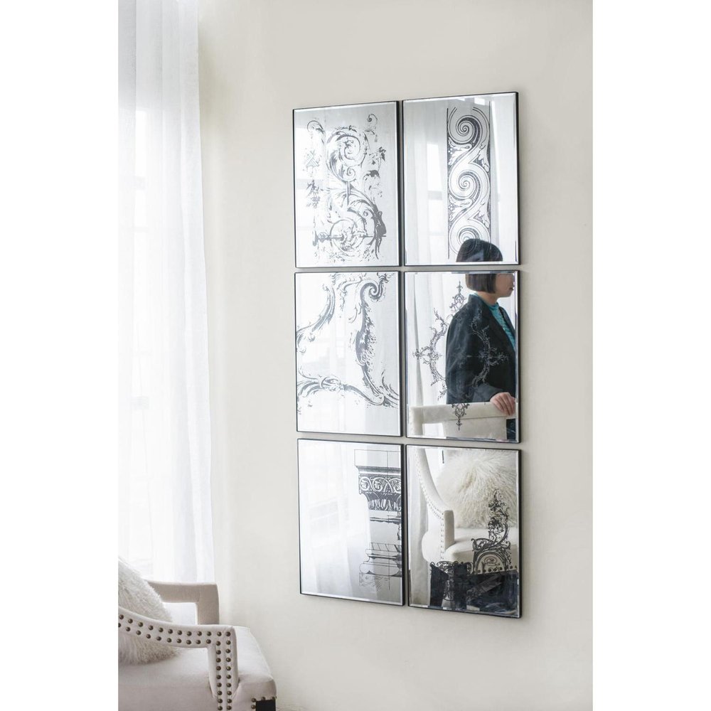 Set of Six Decorative Antiqued Glass Black Metal Framed Mirror Set