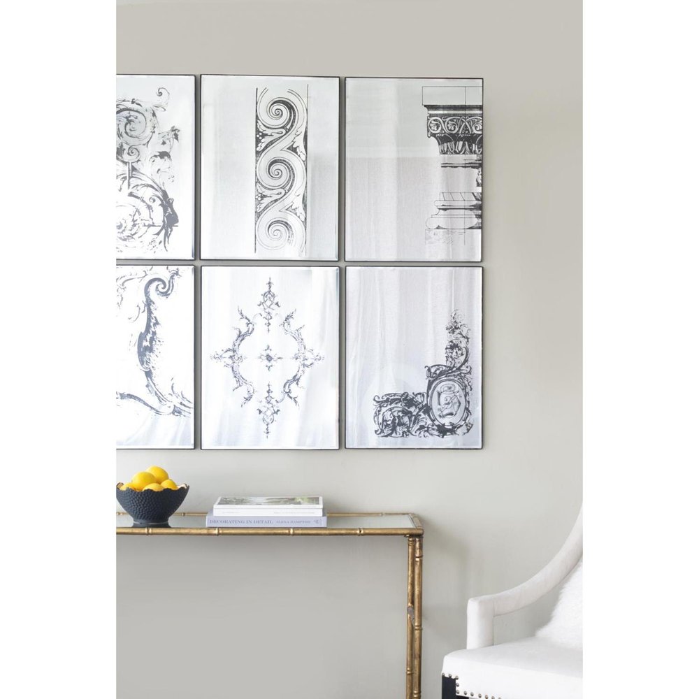 Set of Six Decorative Antiqued Glass Black Metal Framed Mirror Set