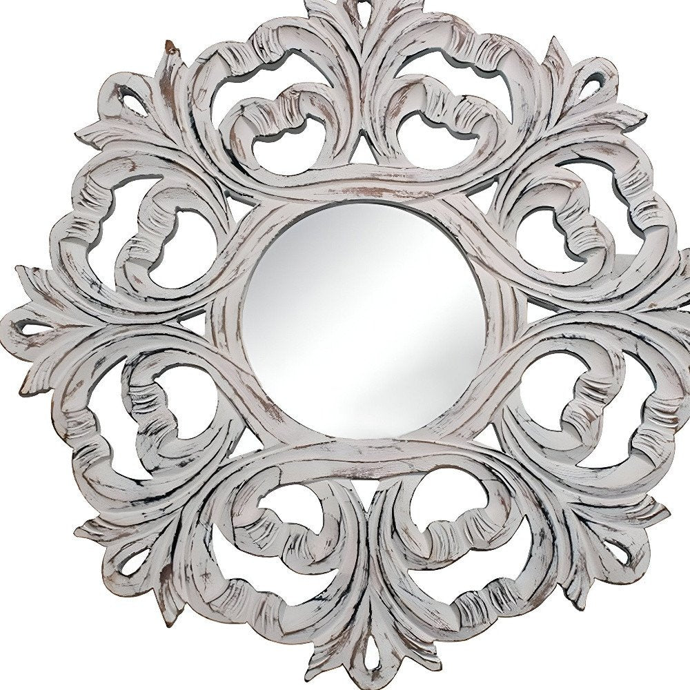 24" White Floral Scrollwork Distressed Round Framed Accent Mirror