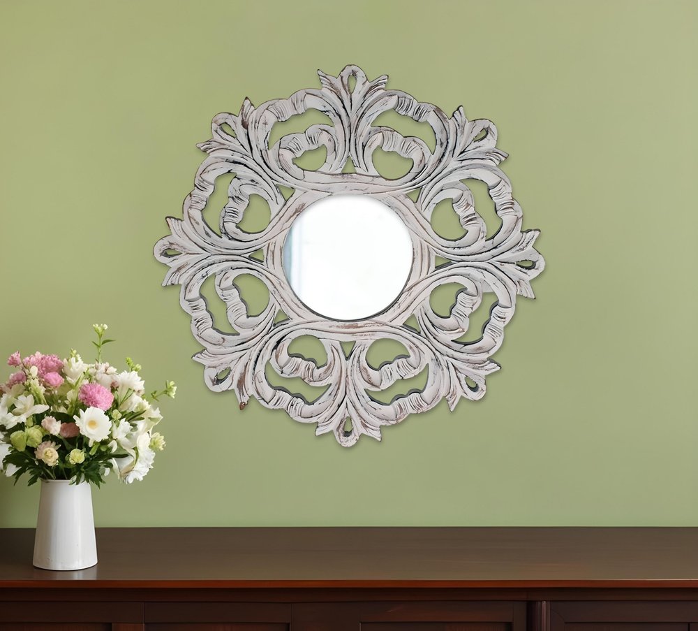 24" White Floral Scrollwork Distressed Round Framed Accent Mirror