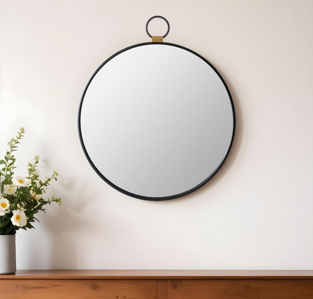 28" Black Round Iron Framed Accent Mirror