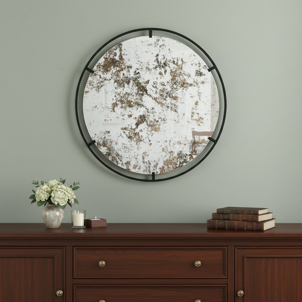 32" Black Round Iron Framed Accent Mirror