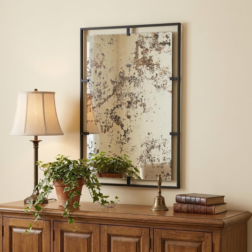 32" Black Iron Framed Antiqued Glass Accent Mirror