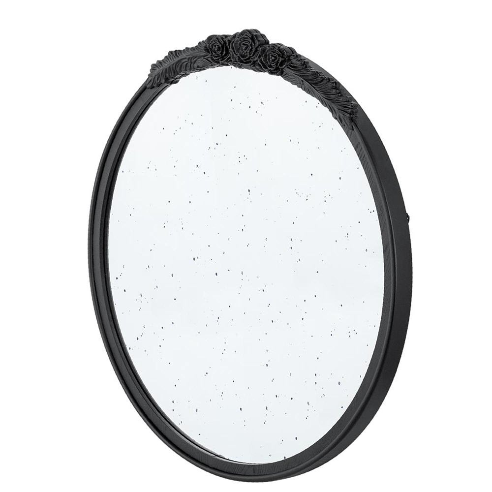 30" Black Crowned Top Antiqued Glass Round Framed Accent Mirror