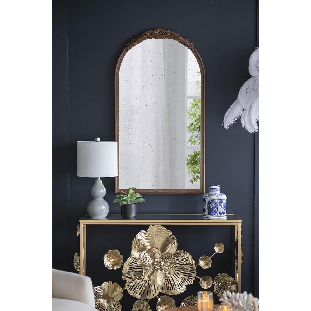 42" Brown Crowned Top Antiqued Glass Arch Framed Accent Mirror