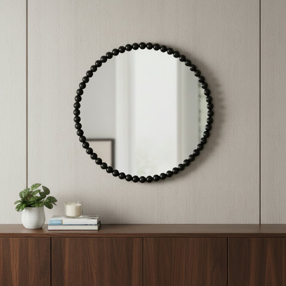 32" Black Iron Beaded Round Framed Accent Mirror