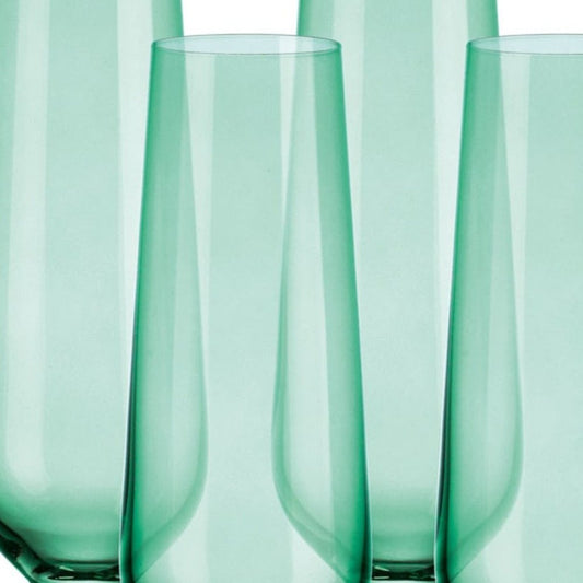Set of Four Green Crystal Narrowing Shape Stemmed Flute