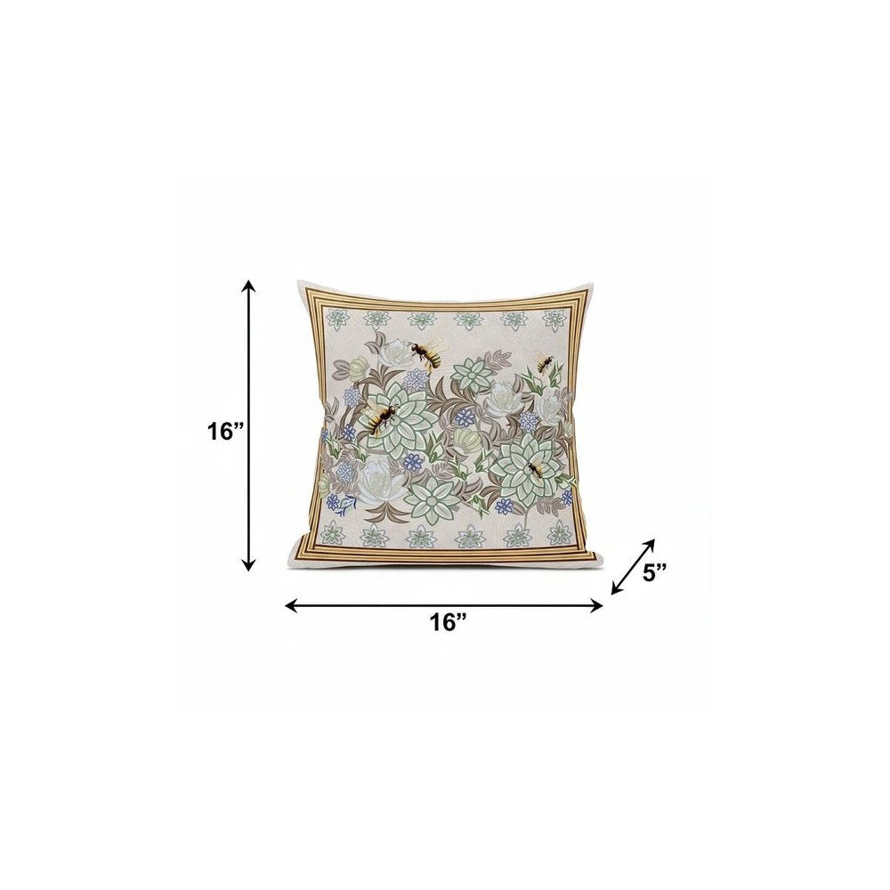 16x16 Green Brown Bee Blown Seam Broadcloth Animal Print Throw Pillow