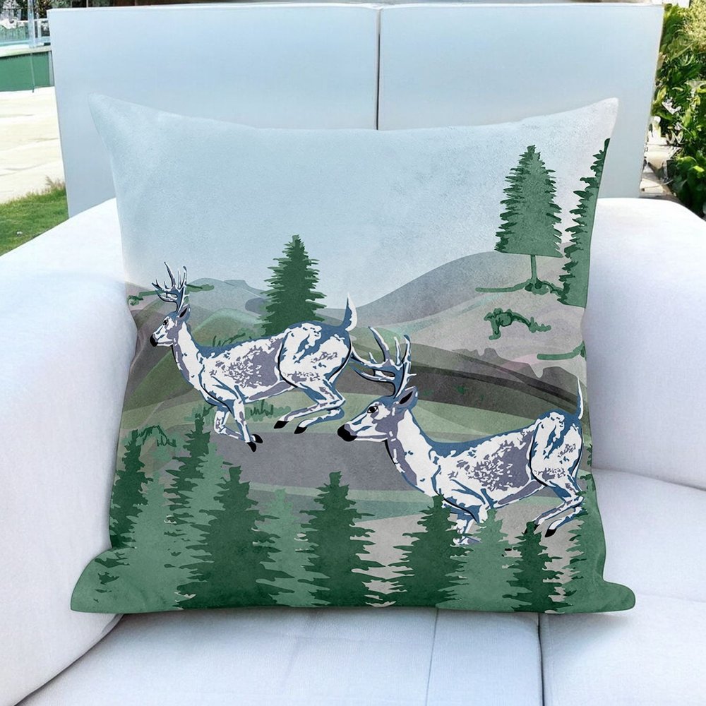 16x16 Green Blue Deer Blown Seam Broadcloth Animal Print Throw Pillow