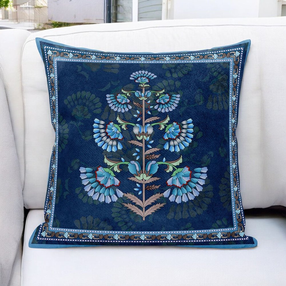 16x16 Blue Brown Blown Seam Broadcloth Floral Throw Pillow
