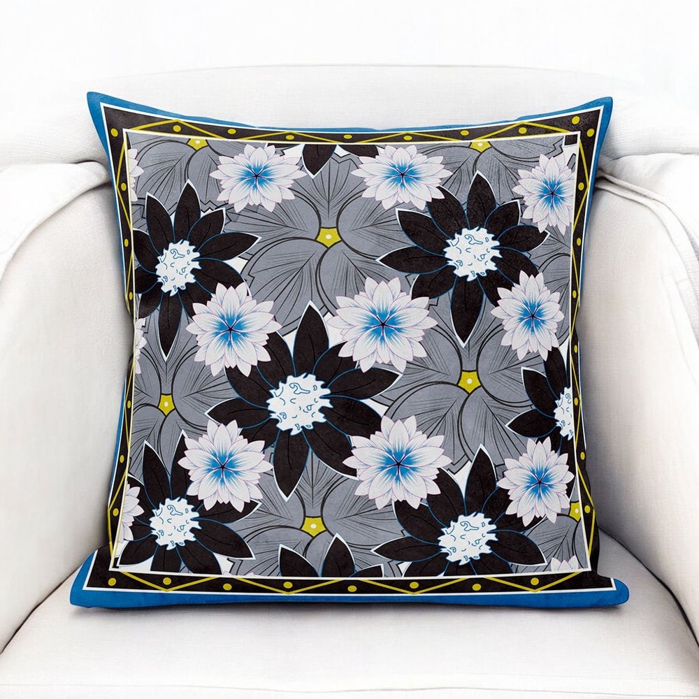 16x16 Gray Brown Blue Blown Seam Broadcloth Floral Throw Pillow