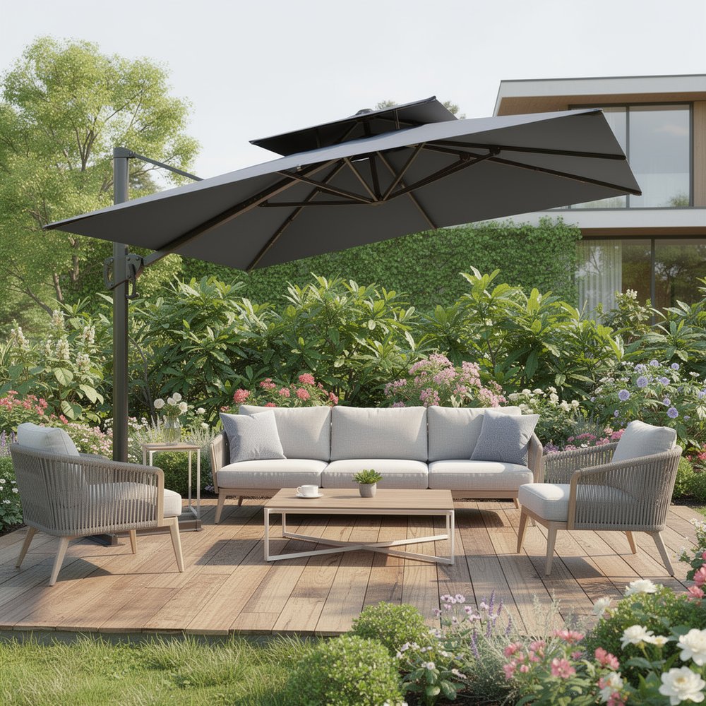 11' Dark Gray Polyester Round Tilt Cantilever Patio Umbrella With Stand