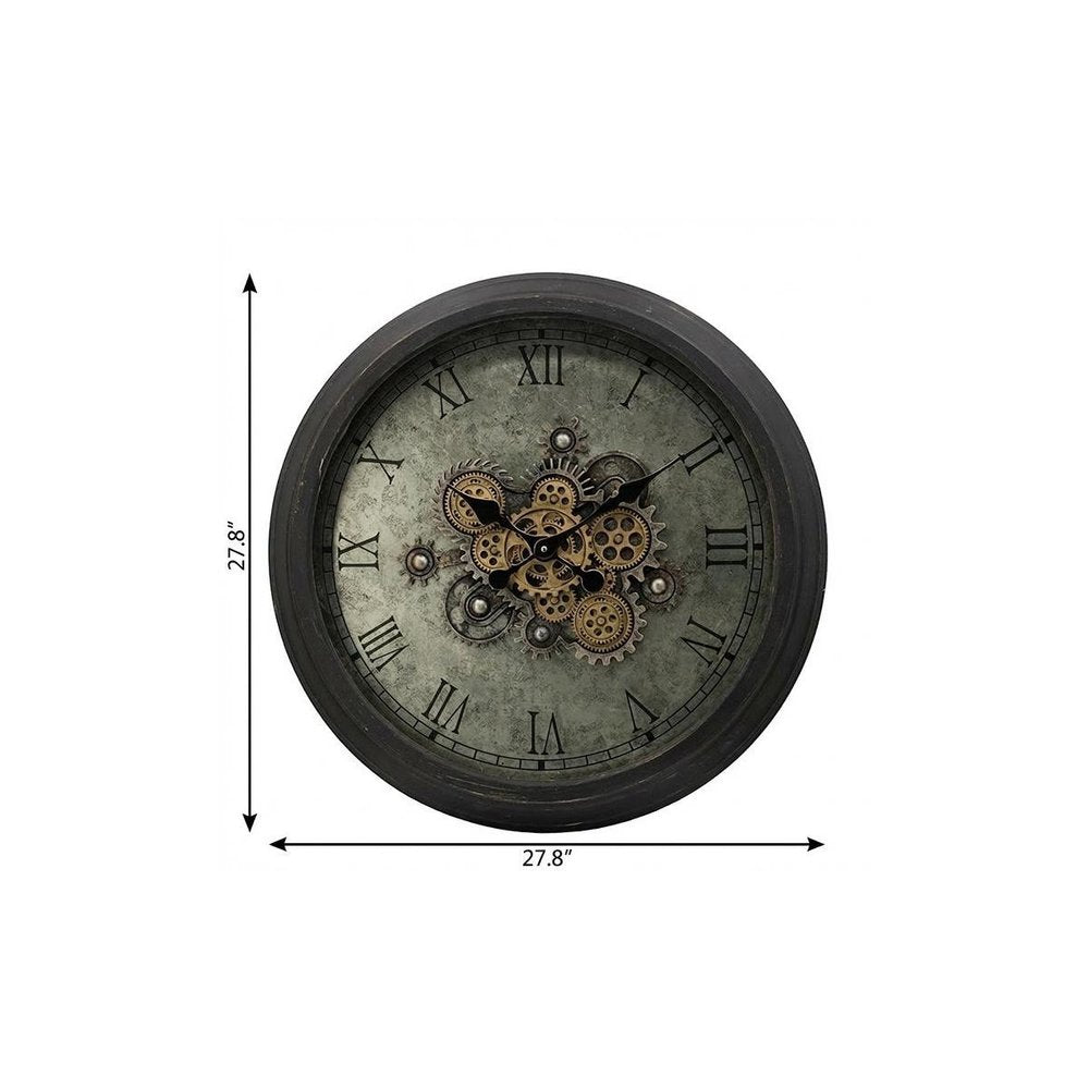 28" Circle Black and Gray Wood and Glass Analog Exposed Gear Wall Clock