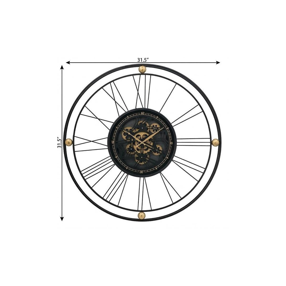32" Circle Black and Gold Metal and Glass Analog Exposed Gear Wall Clock
