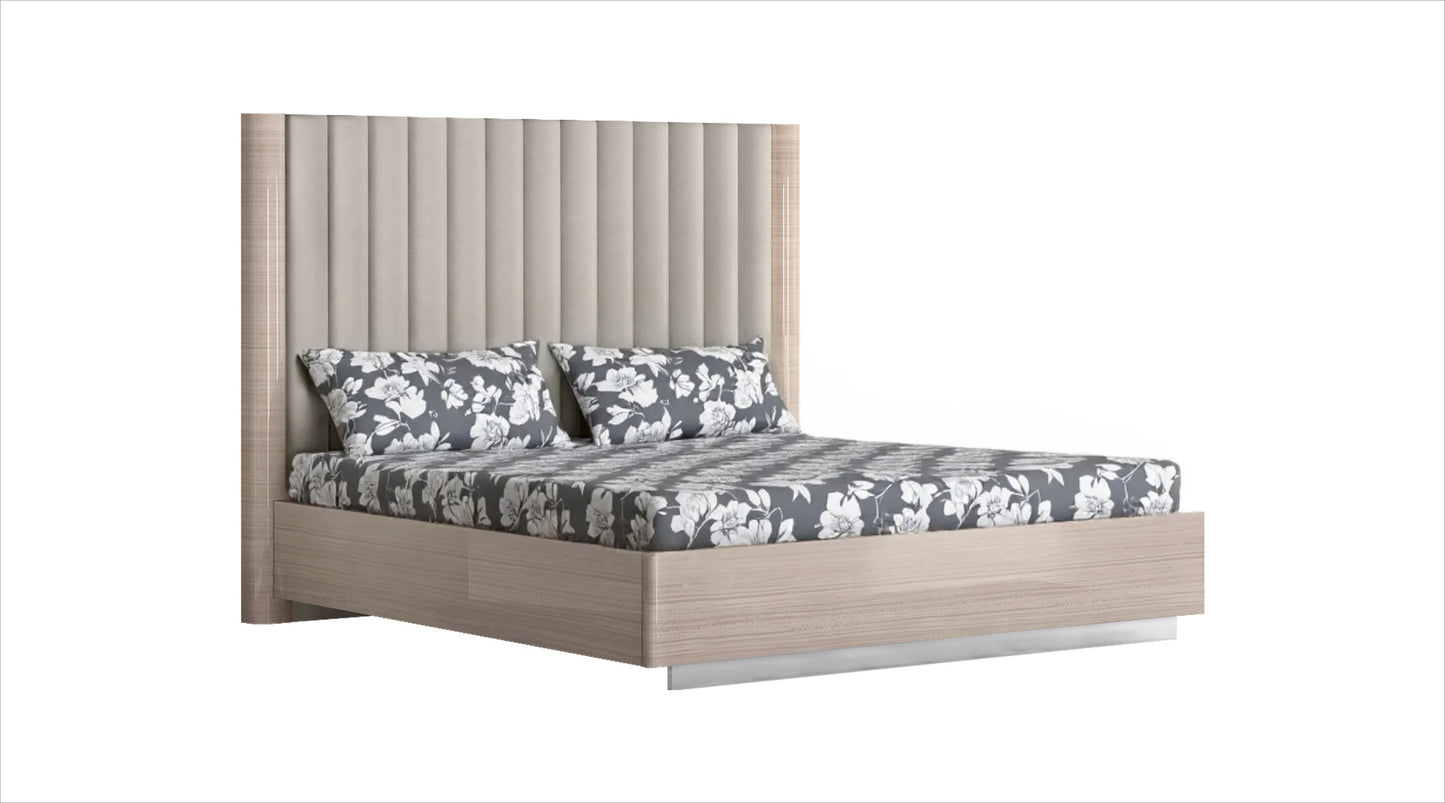 King Size High Gloss Beige Upholstered Channeled Headboard Bed Frame