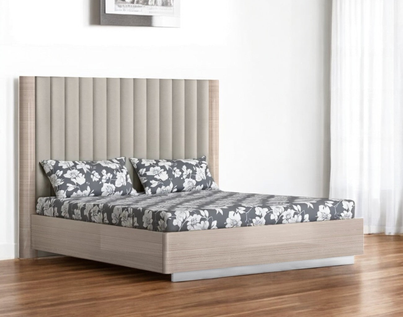 King Size High Gloss Beige Upholstered Channeled Headboard Bed Frame