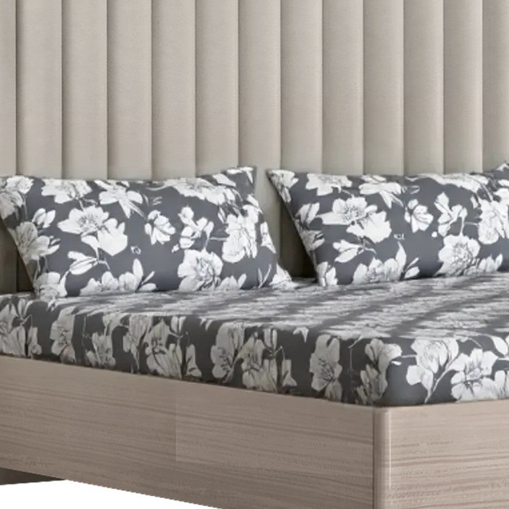 King Size High Gloss Beige Upholstered Channeled Headboard Bed Frame