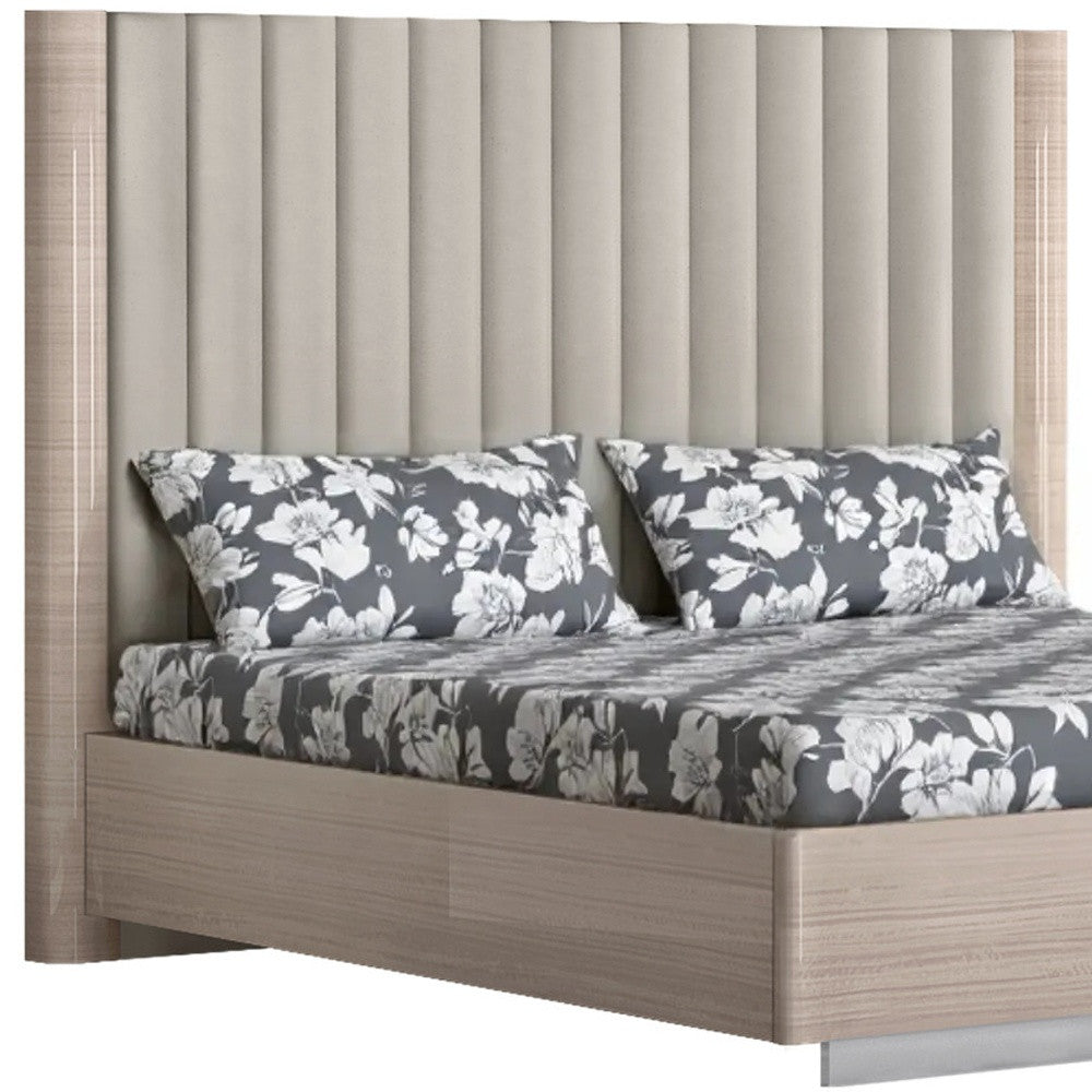 King Size High Gloss Beige Upholstered Channeled Headboard Bed Frame